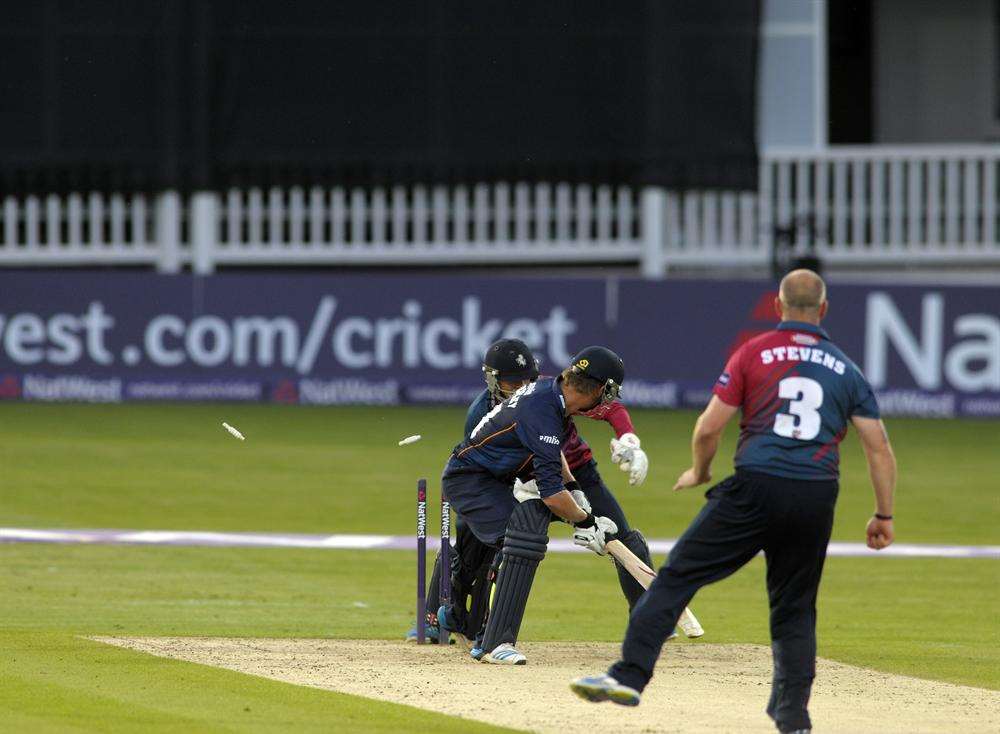 Sam Billings stumps Essex's Tom Westley at Canterbury on Wednesday night. Pic: Barry Goodwin