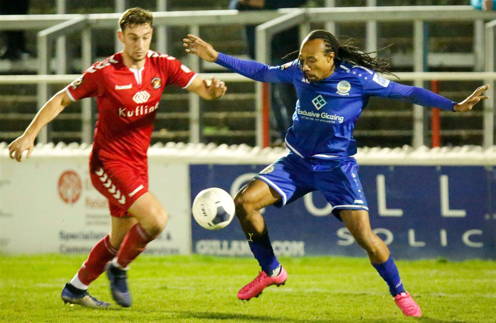 Dover's Ricky Modeste tries to turn in the box against Ebbsfleet. Picture: Matthew Walker FM25363157