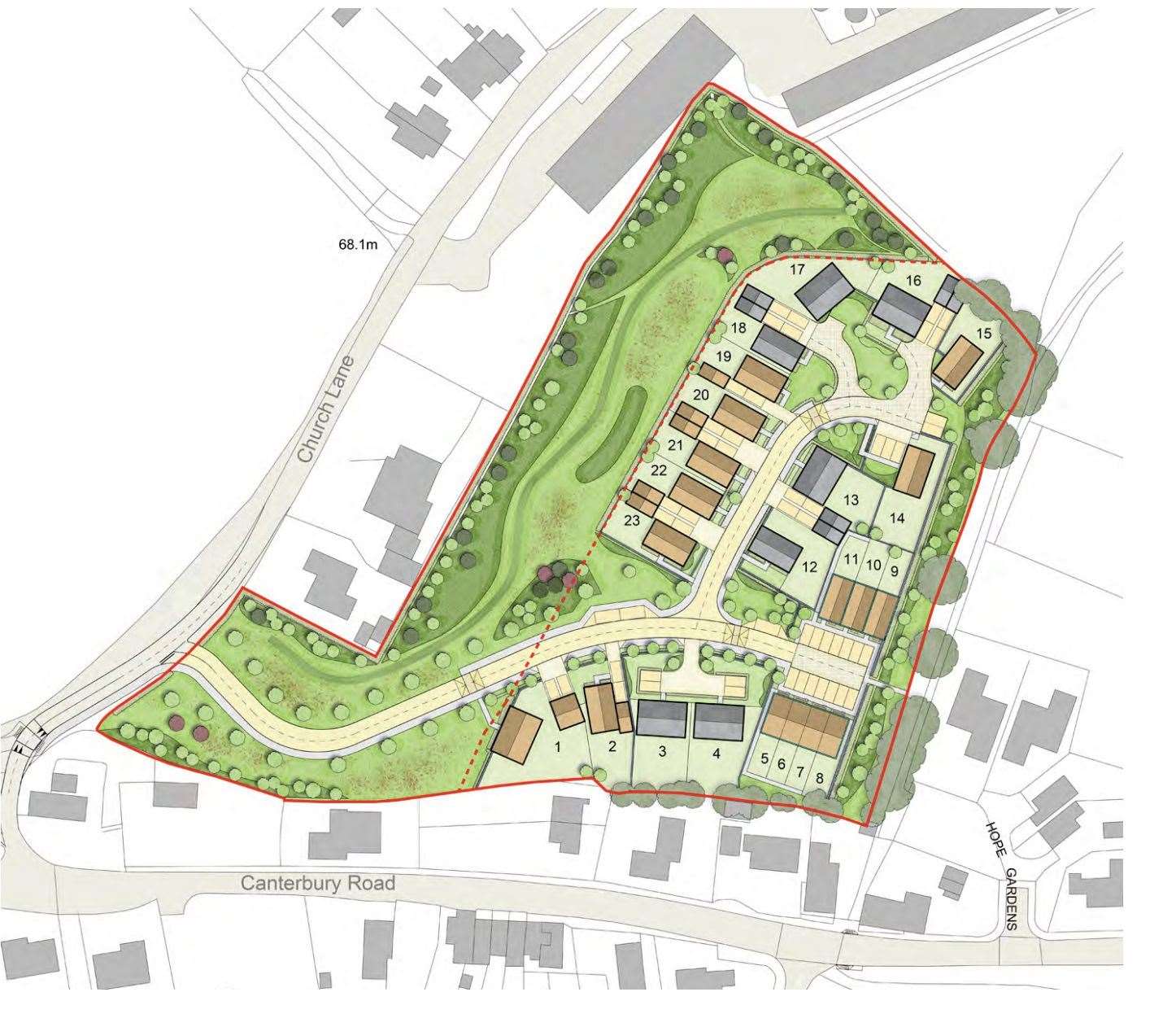 A masterplan to illustrate how the homes would be laid out on land off Church Lane in Lydden, near Dover. Picture: Quinn Homes