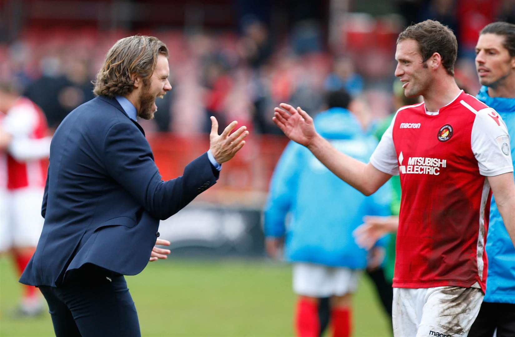 Daryl McMahon greets matchwinner Andy Drury Picture: Andy Jones