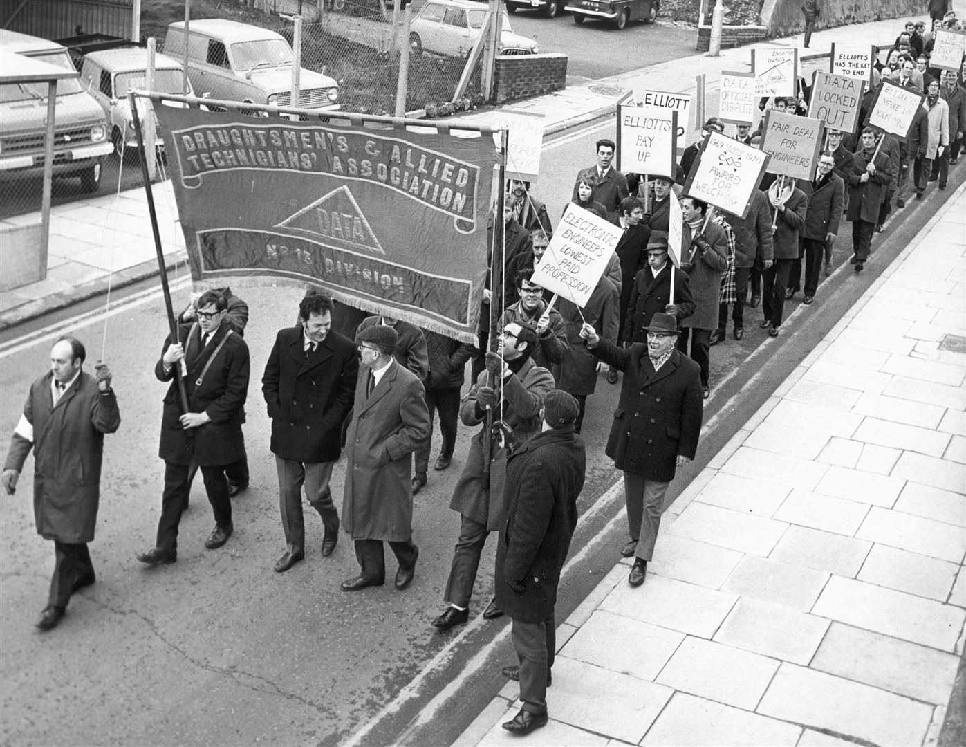 Members of the Draughtmen's and Allied Technicians' Association march to Elliott's works at Rochester in 1970 after holding a protest meeting in a local church hall