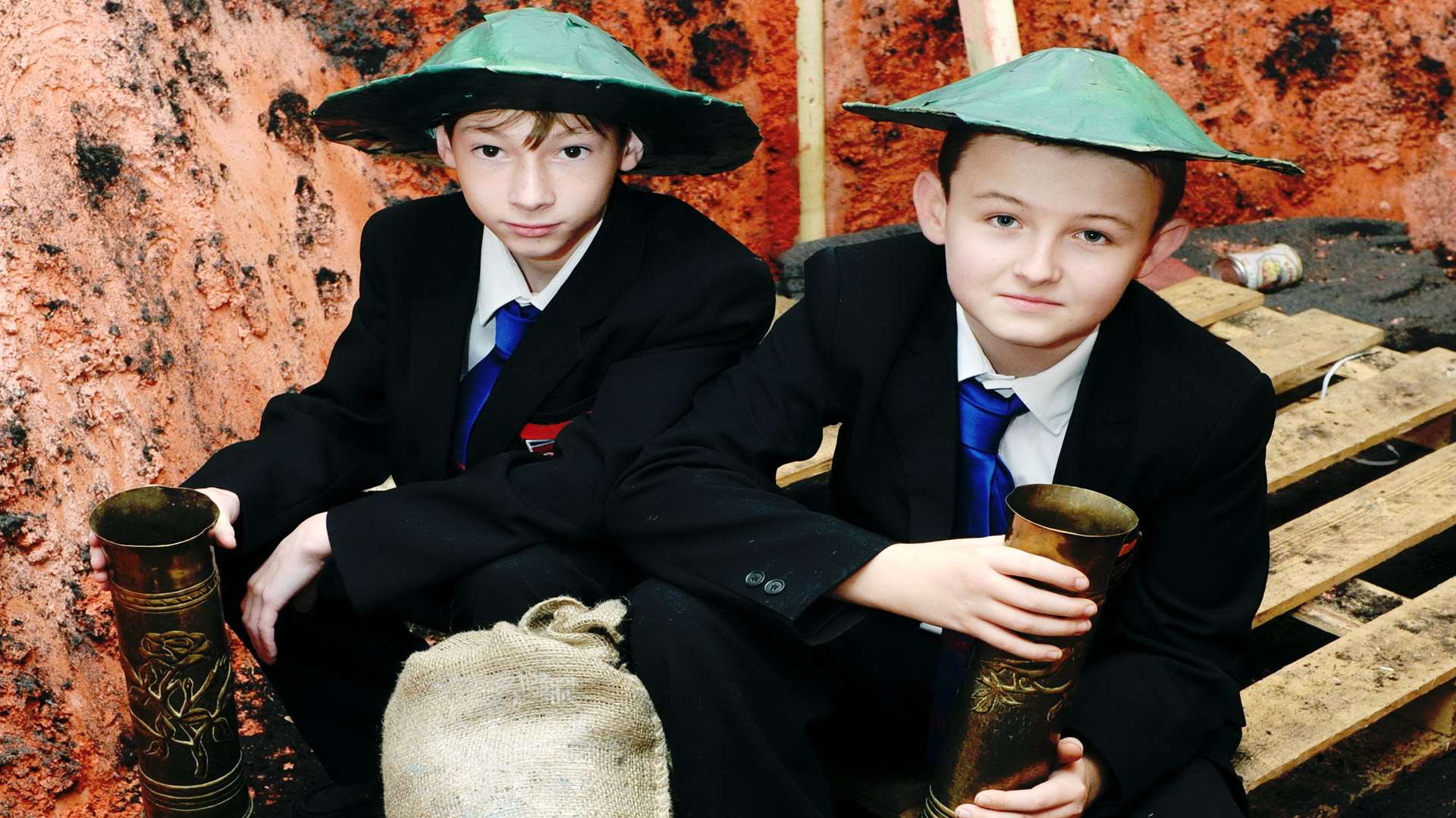 Joshua Packman, 12, and Albert Hauxwell, 11, in the trench at the academy