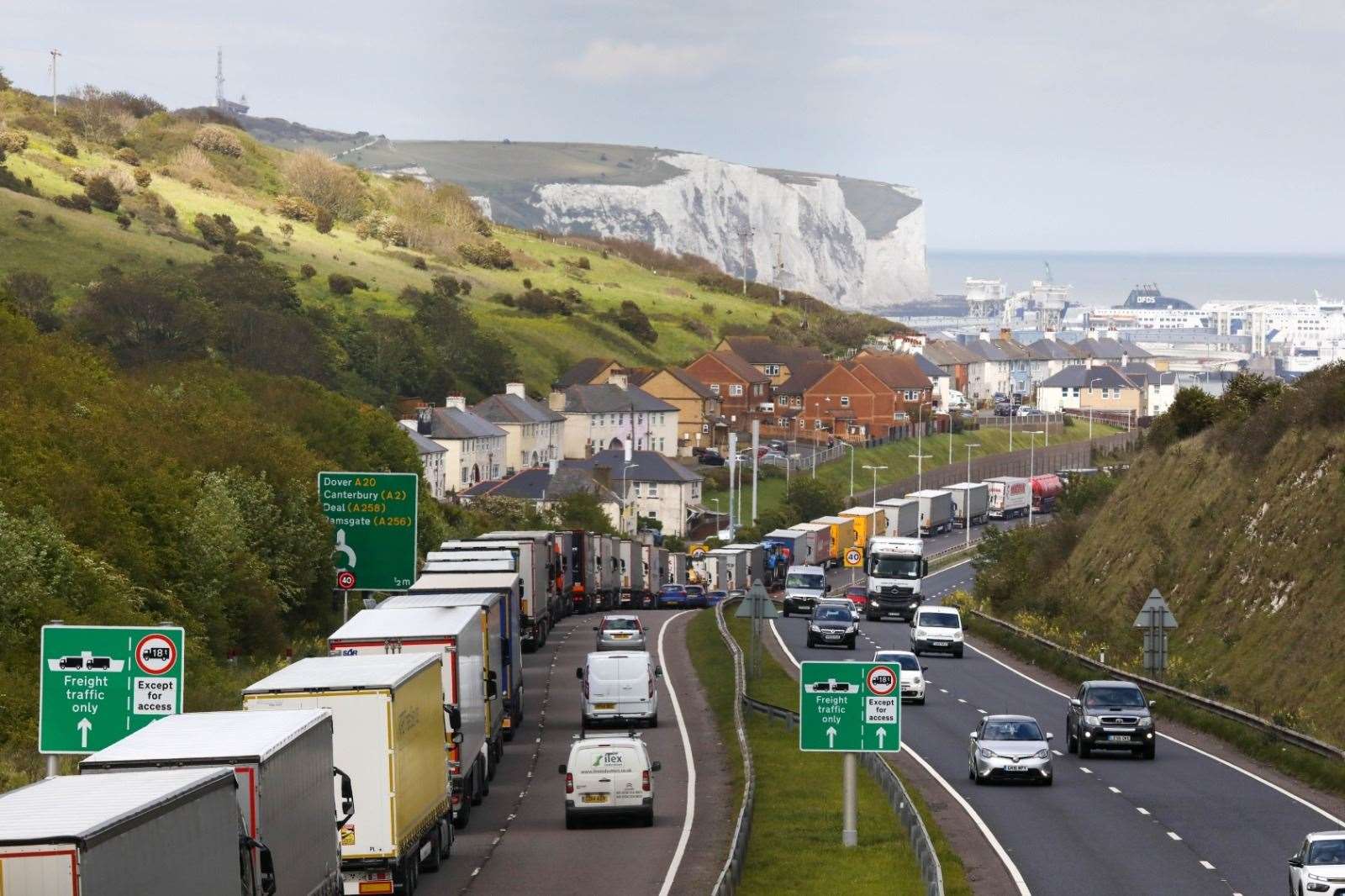 Lorries queue at Dover. Photo: UKNIP