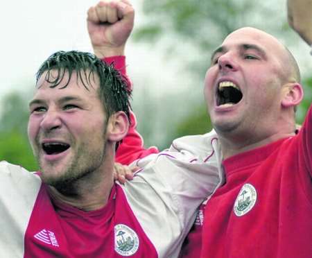 Hythe celebrate their FA Cup win over Staines