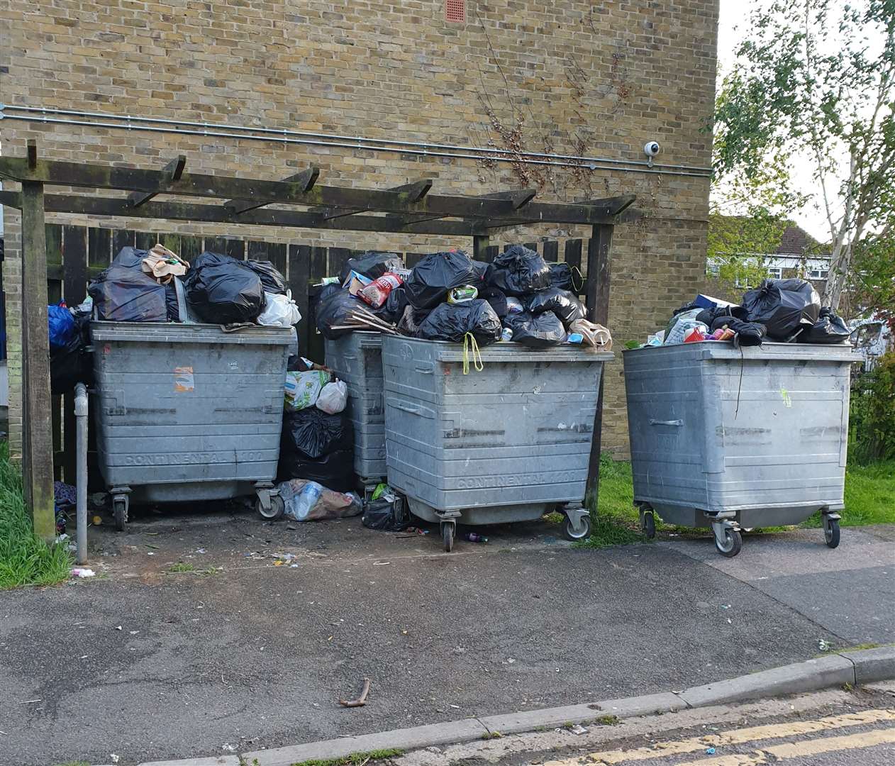 Workers returned earlier this week but left much of the waste behind and still overflowing the bins in Lodge Hill Lane, Chattenden