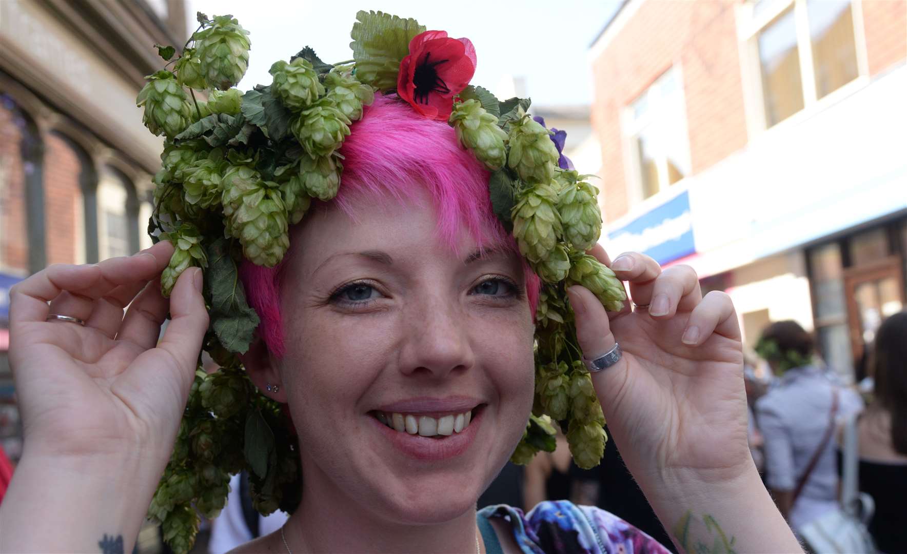 Kate Gregory and her hop garland at last year's festival Picture: Chris Davey