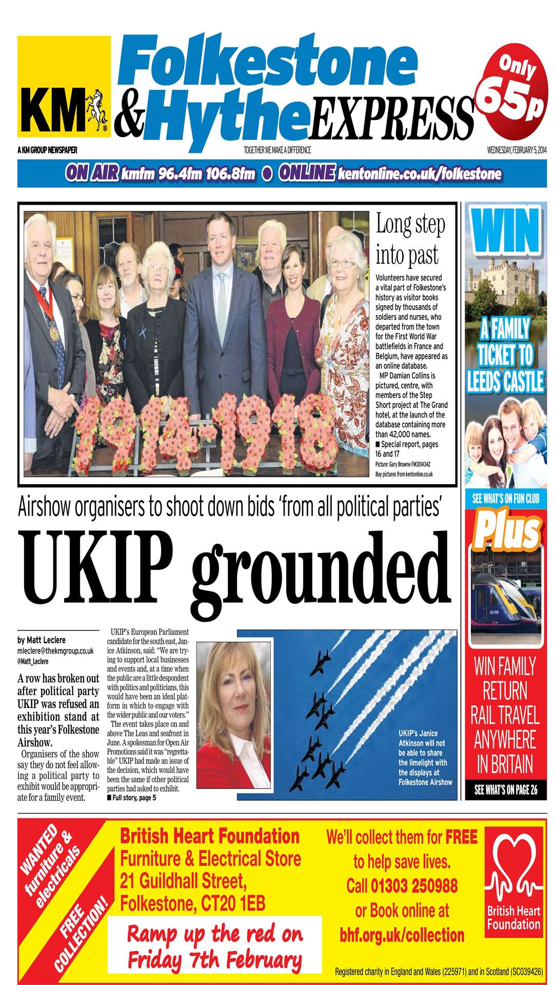 This week's front page of the Folkestone & Hythe Express - out now for 65p