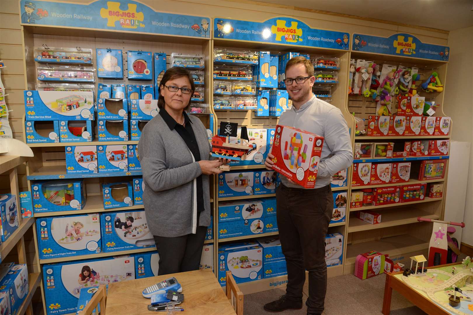 Liz Ireland with son Tom Ireland at Bigjig Toys' headquarters in Folkestone. Picture: Gary Browne