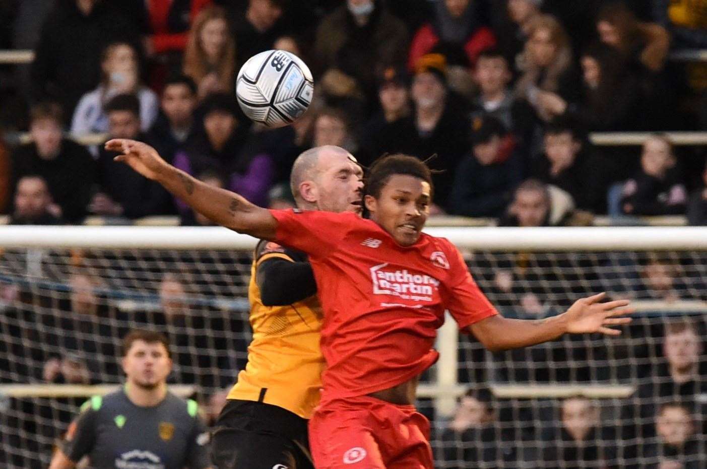 Maidstone defender Joe Ellul climbs for a header in the win over Welling Picture: Steve Terrell