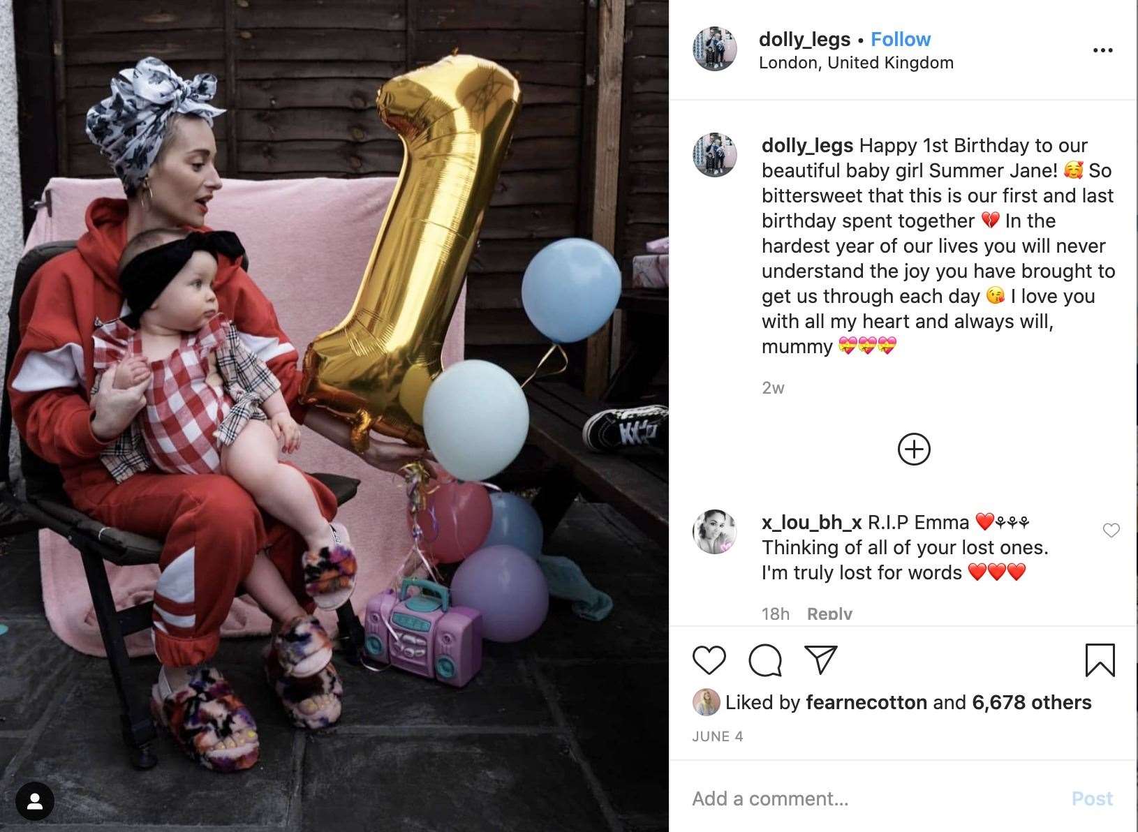 Emma shared this heartfelt message on her daughter's first birthday. Picture: Instagram @dolly_legs