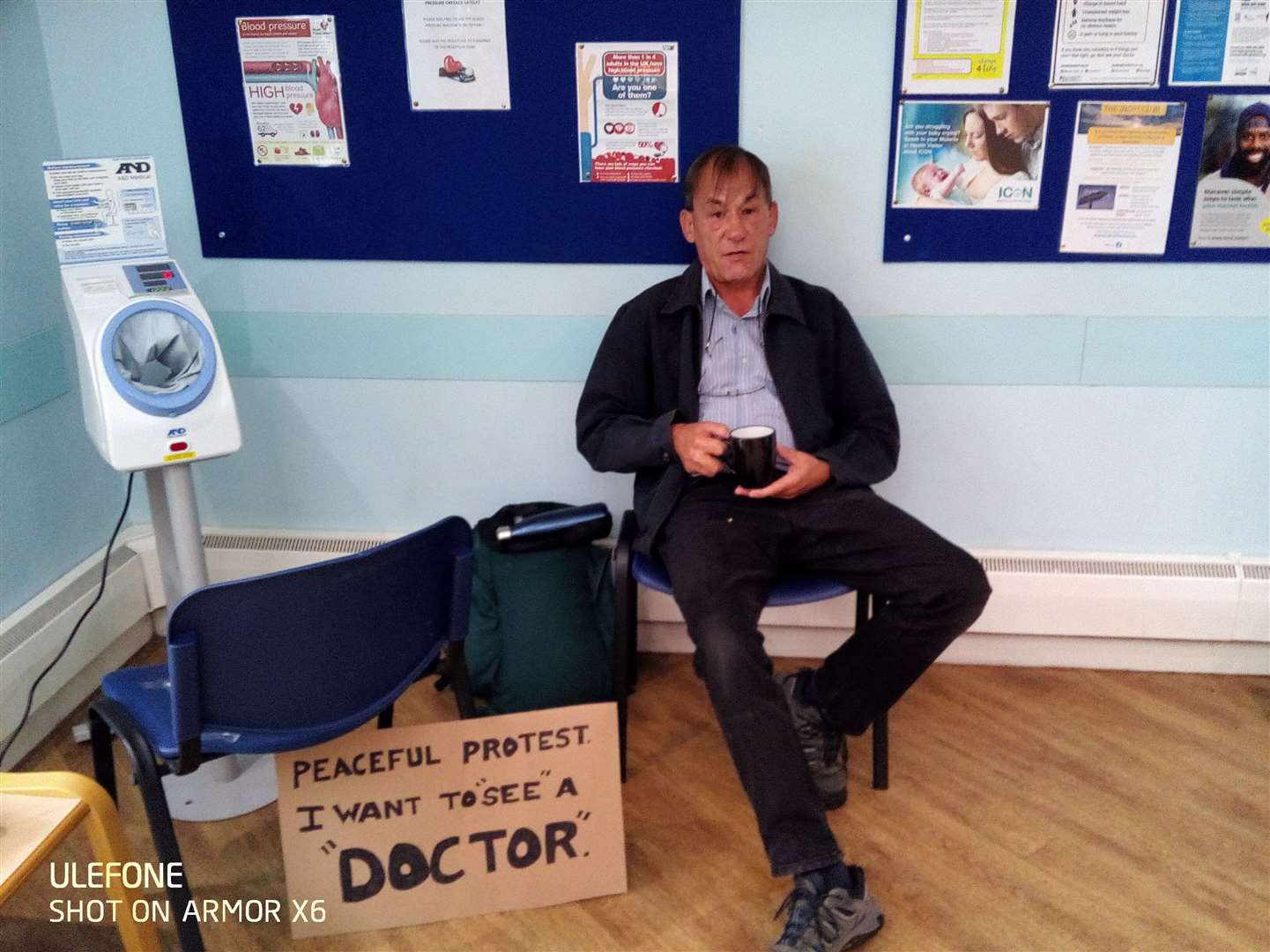 Stevan Richardson carried out a peaceful protest at Sydenham House doctor's surgery after being unable to see a doctor face to face. Picture: Stevan Richardson