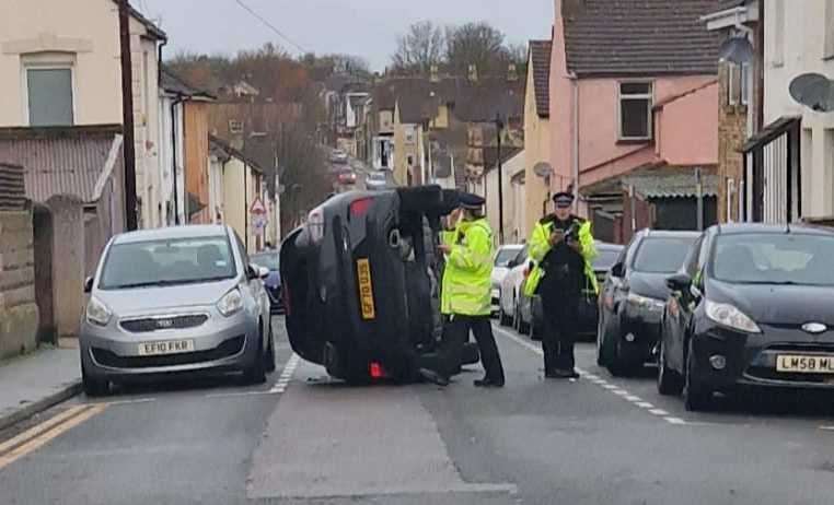 A car has flipped on its side after a crash in Saunders Street, Gillingham. Picture: Zvejys Nuo Mazens