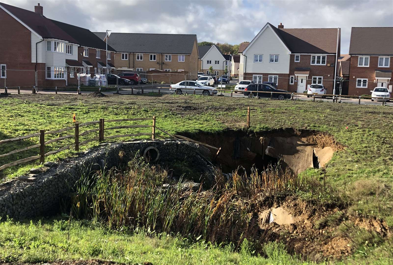 The sinkhole in the Orchard Fields development in Hermitage Lane opened on Sunday.