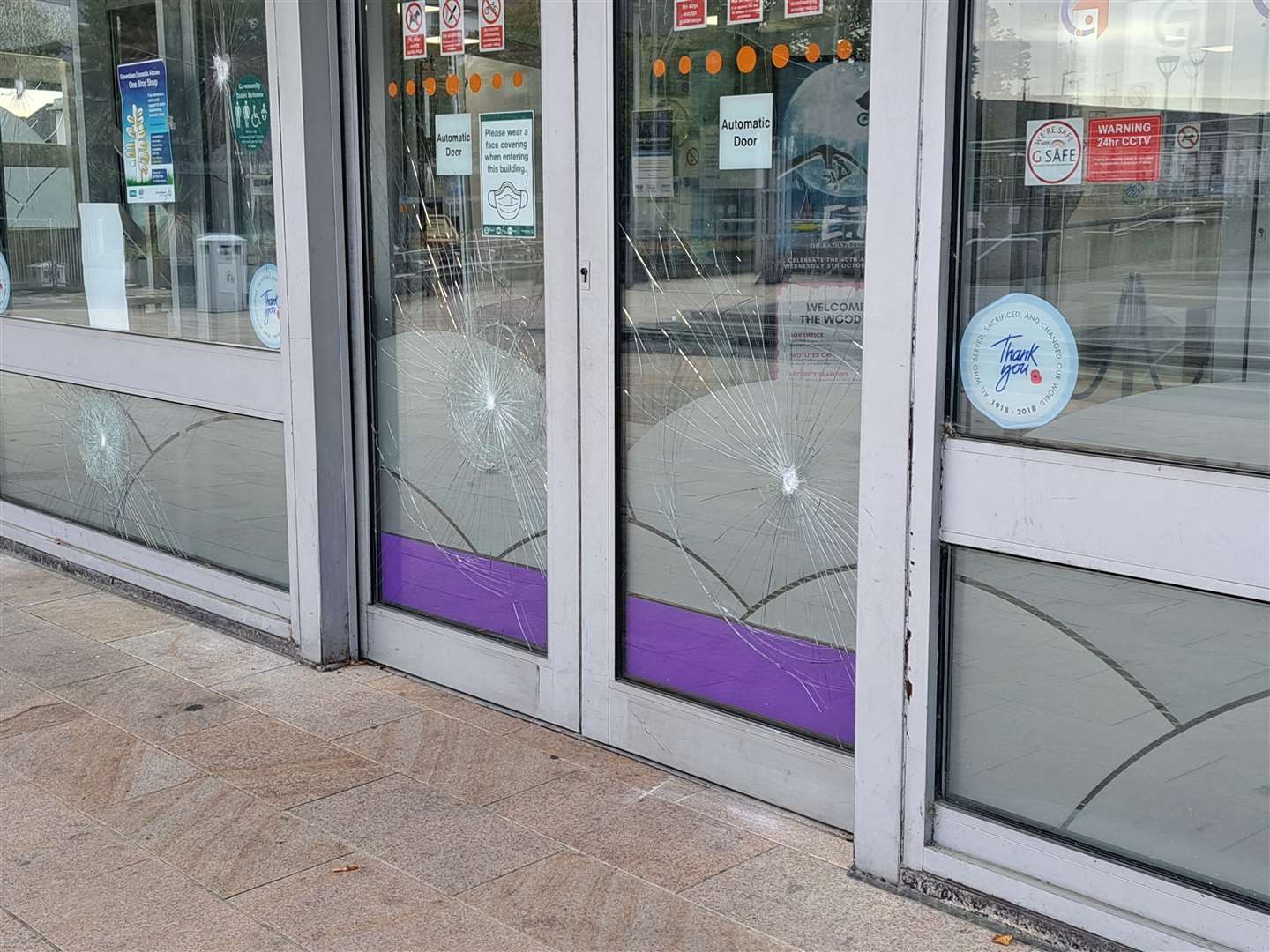 Smashed windows at The Woodville and Gravesham Civic Centre in Windmill Street, Gravesend