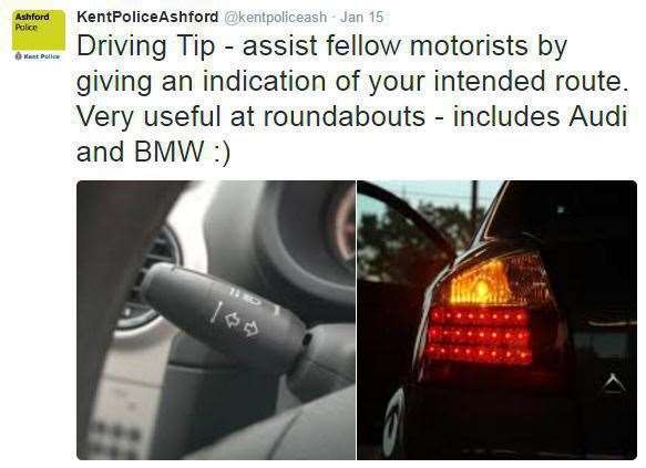 The tweet put out by Kent Police Ashford about using indicators when driving