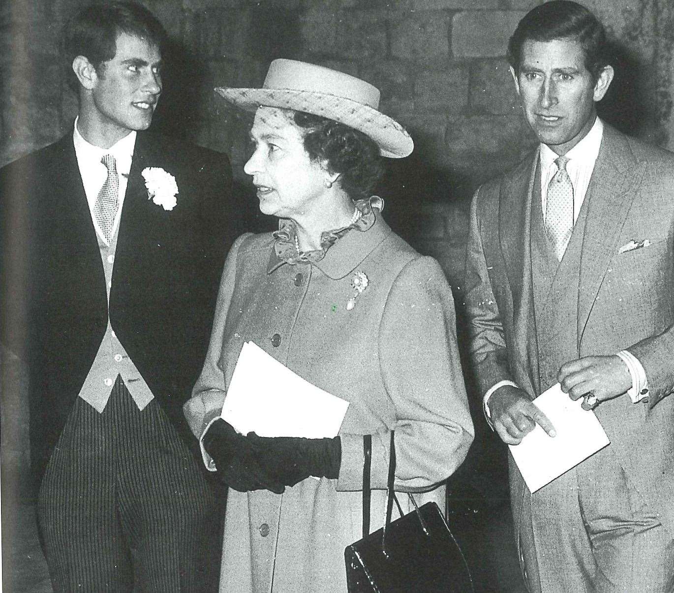November 1984: Queen Elizabeth leaves Ashford Parish Church after the wedding of Lady Joanna Knatchbull, accompanied by Prince Edward and Prince Charles