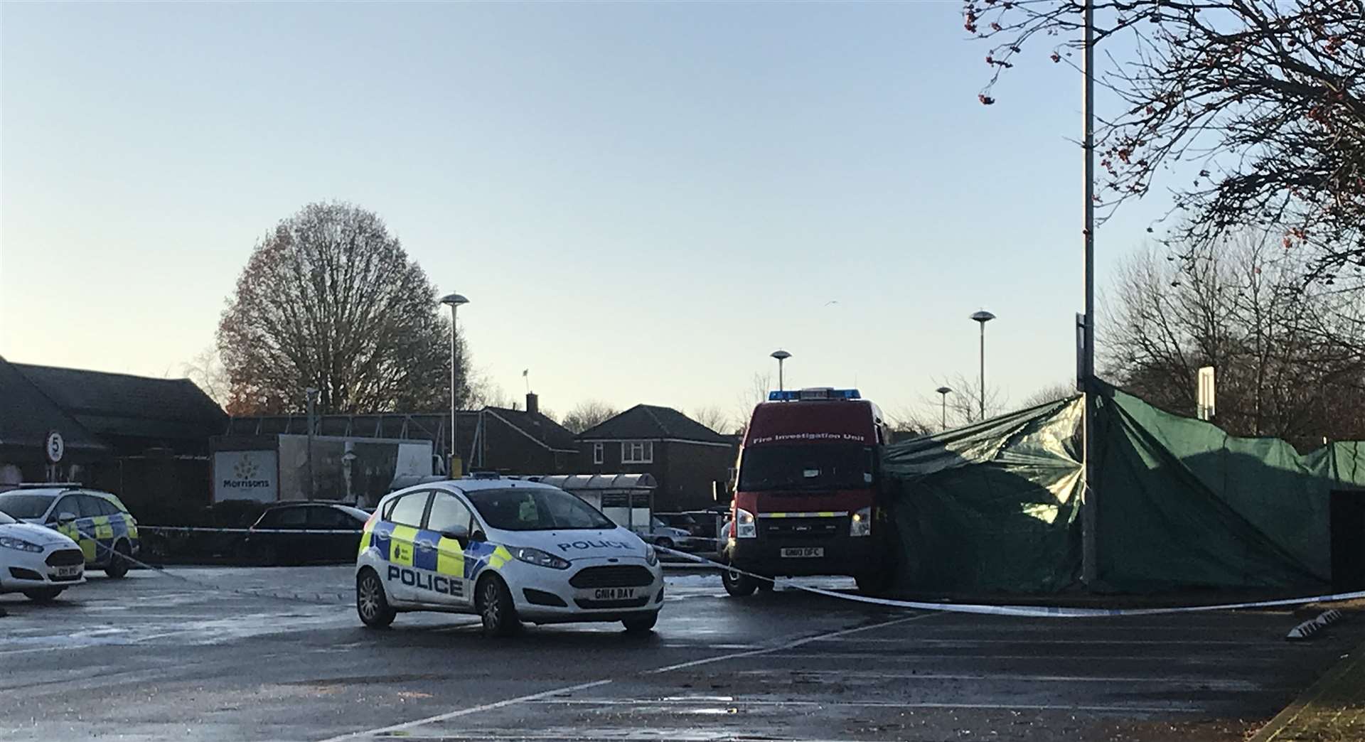 Emergency services at the scene of a fatal car fire at the Morrisons in Maidstone