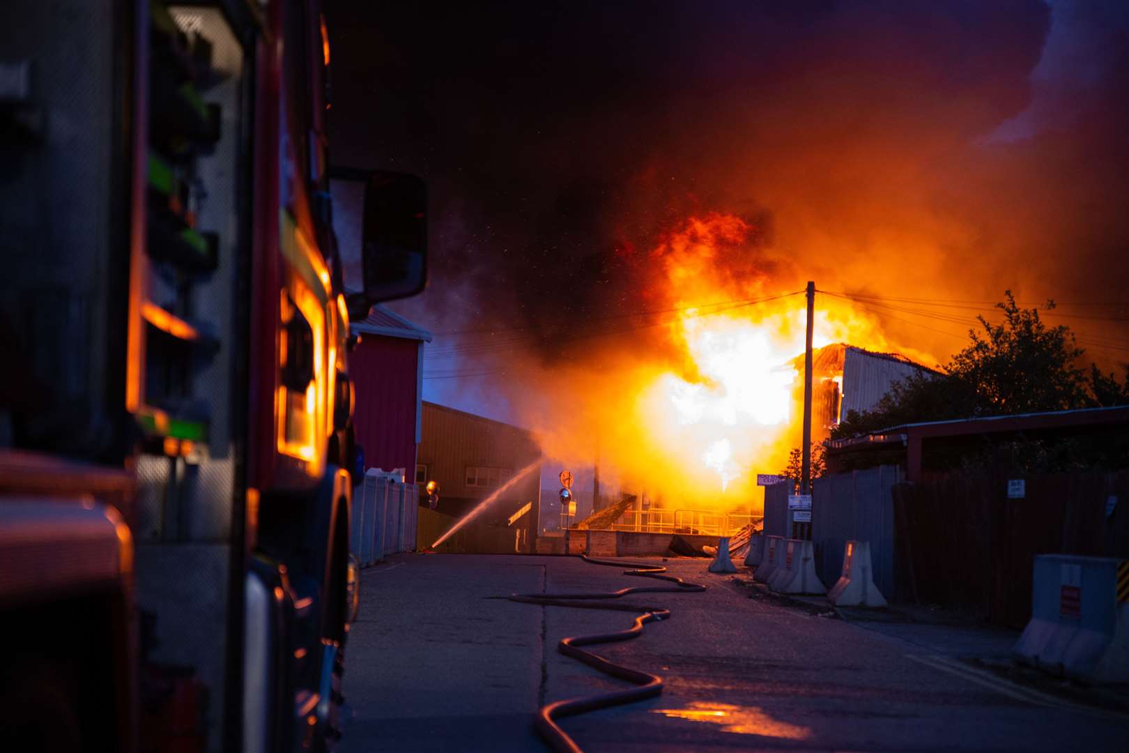 A huge fire destoryed an industrial unit near Hoo Marine Park. Photos from Kent Fire and Rescue Service