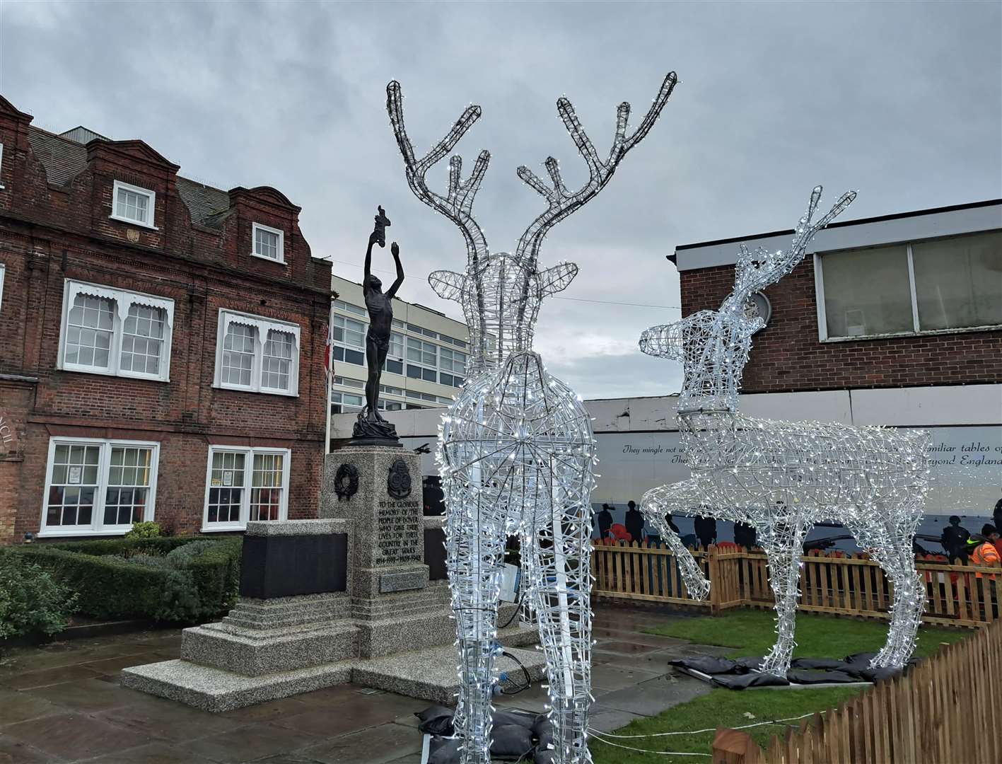 The reindeer sculptures at Dover War Memorial with their backs turned to passers-bys