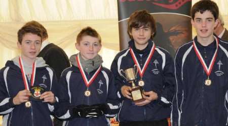 Tonbridge AC under-15 boys team who won the English National Cross Country Championship title. They are, left to right, Robbie Farnham-Rose, Ryan Driscoll, Luca Russo and Jamie Bryant