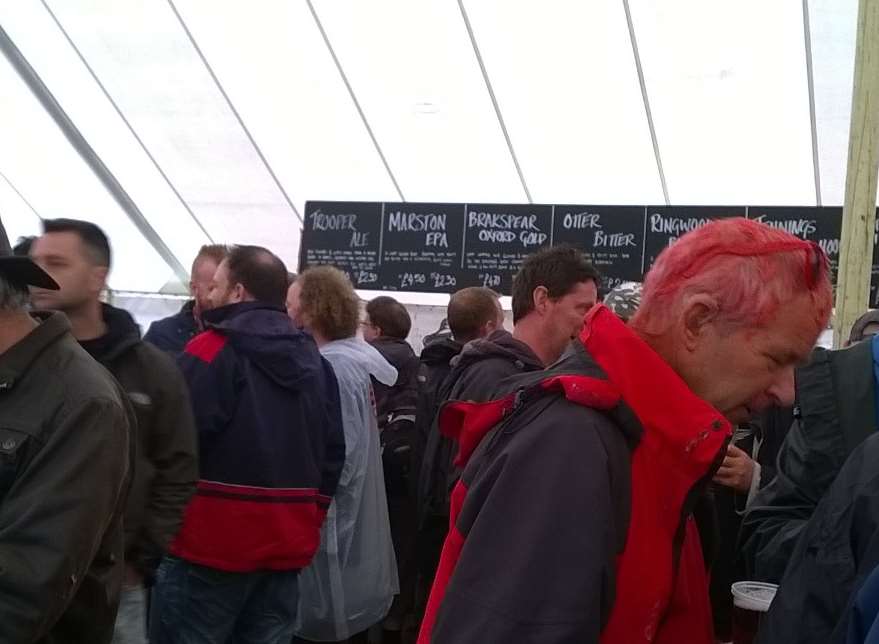 Crowds taking shelter in the beer tent