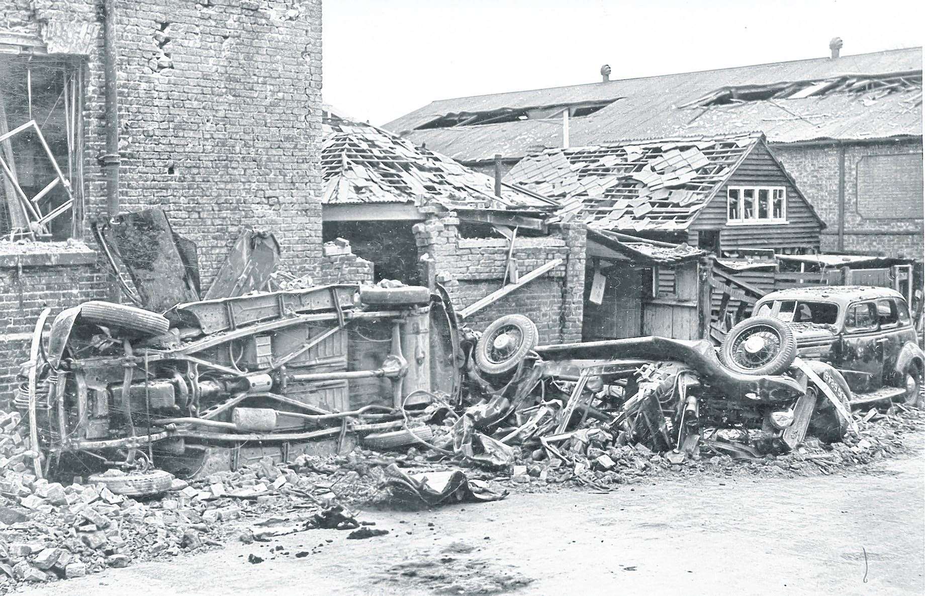 Wrecked buildings and overturned cars after the bombing of the tannery in Dover Place, where four died. Picture: Steve Salter