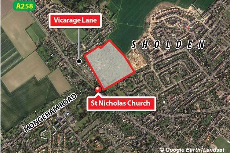 A map outlining the development site off Vicarage Lane in Sholden, near Deal for 48 new homes and a 64-bed care home