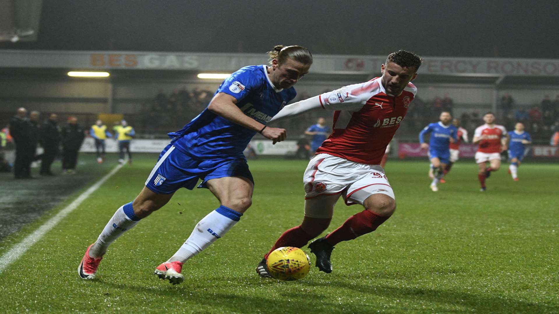 Gillingham's Tom Eaves takes on his man at Fleetwood. Picture: Barry Goodwin