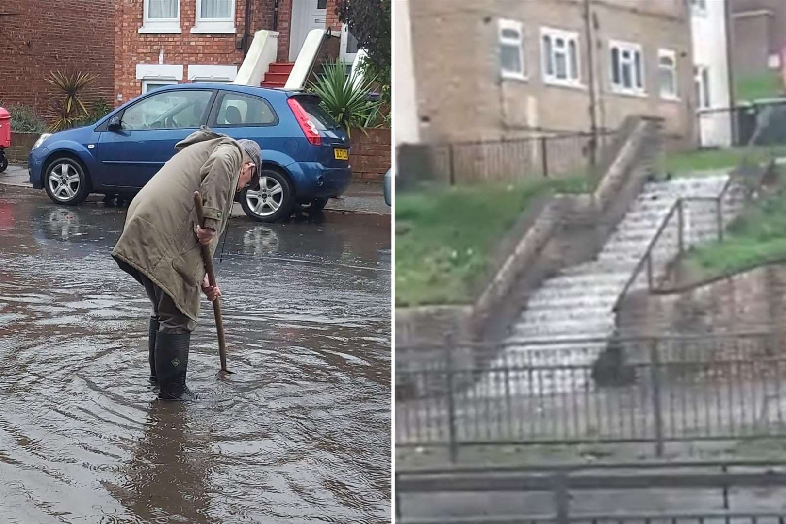 A 'little old man' trying to clear blocked drains in Folkestone and a 'stairway waterfall' in Dover. Picture: The Dovorian restaurant