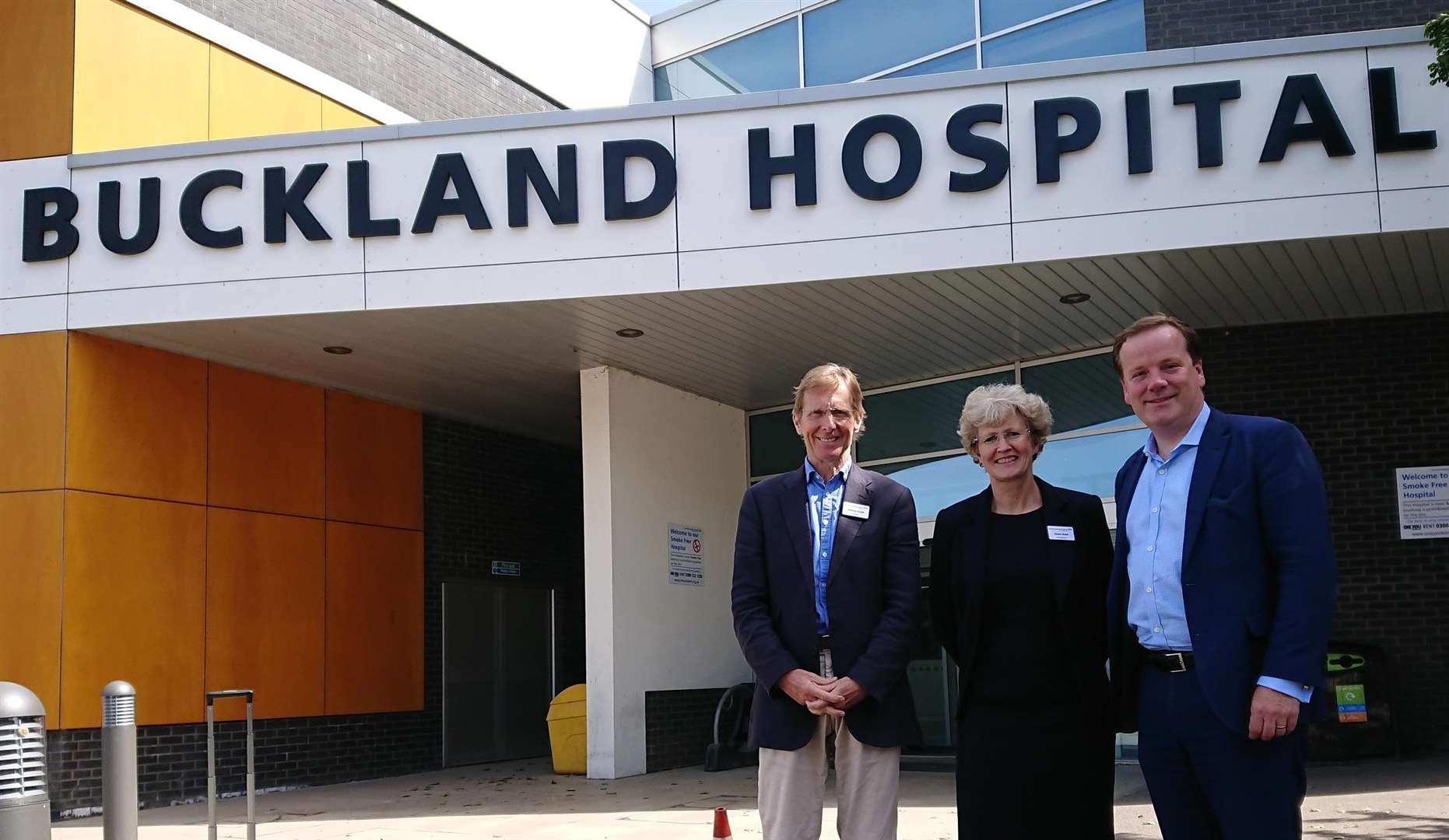 Mr Elphicke outsde Buckland Hospital with East Kent trust chief executive Susan Acott and chairman Stephen Smith Picture: Office of Charlie Elphicke MP. (4278326)