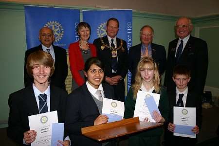 Front row (l-r) David Humphries, Riti Patel, Danielle Greer and Jo Dean. Back Row (l-r) Azhar Mahmood, Rose Collinson from Medway Council, Mayor of Medway Cllr David Carr, Rotary District Governor, John Wilton and Chairman of Judges, Rotarian Euan Eddie
