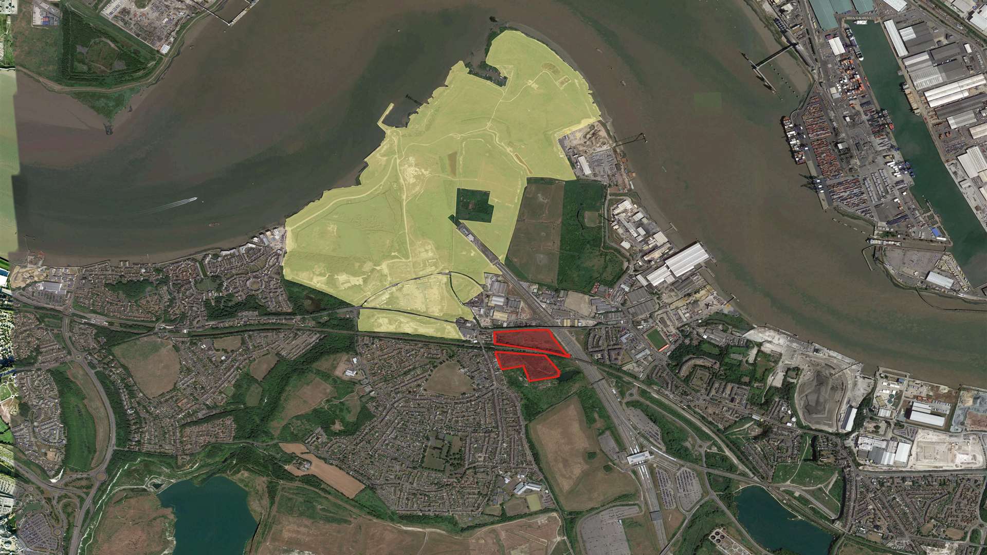 The Bamber Pit and Sports Ground land bought by London Paramount is shown in red alongside the land it has an agreement to purchase from Lafarge Tarmac, highlighted in green
