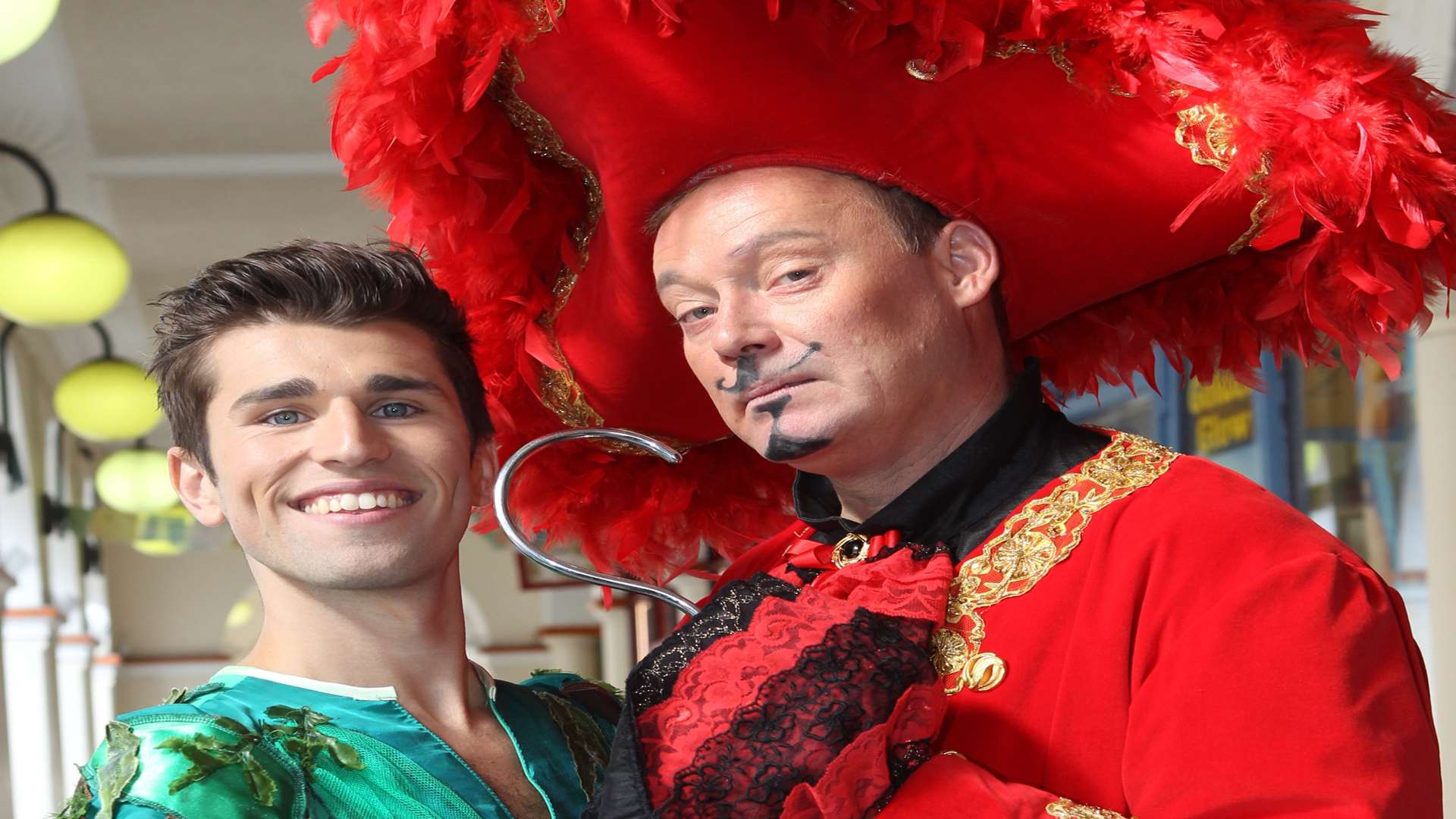 Jordan Veloso (Peter Pan) and Ricky Groves (Captain Hook) outside the Hazlitt Theatre, Earl Street