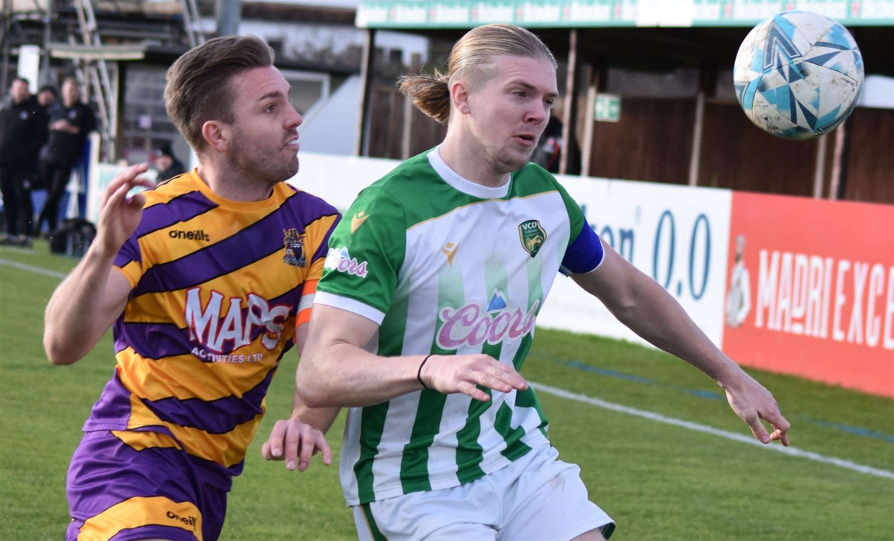 VCD’s Ben Fitchett is head of Deal forward Aaron Millbank. Picture: Alan Coomes