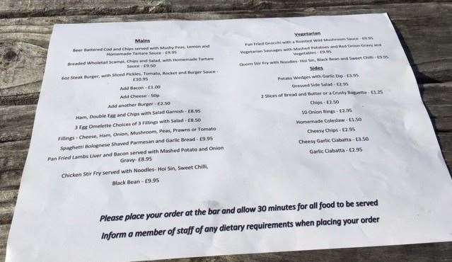 The menu from the King Ethelbert Inn, Reculver