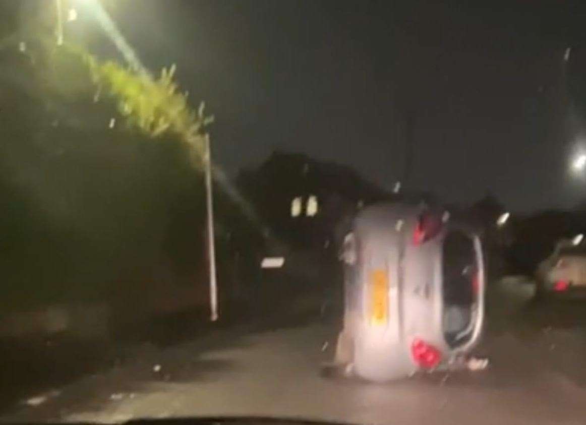 A Nissan Micra ended up on its side in Farnol Road, Dartford