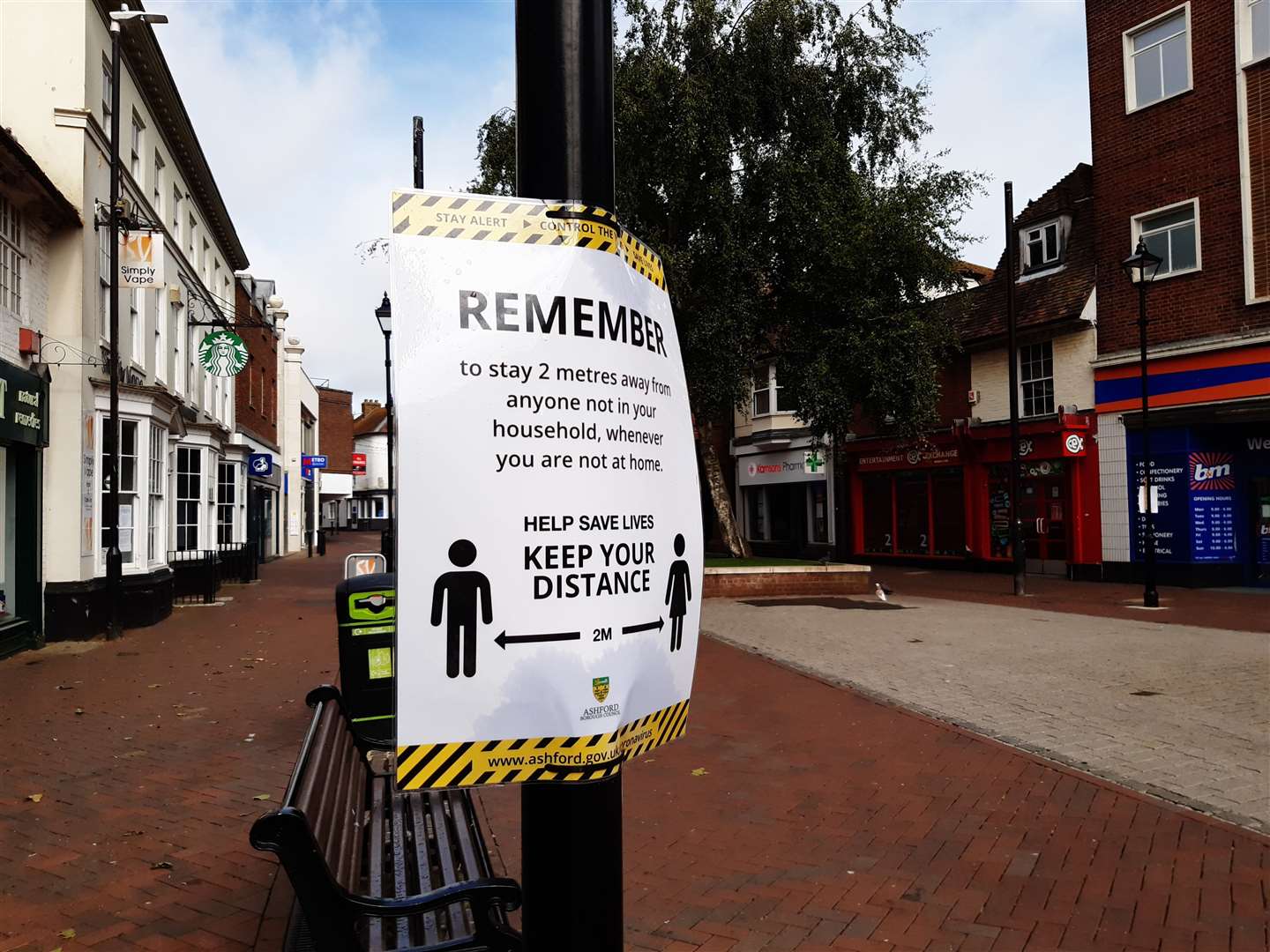 New signs have gone up in the town centre reminding shoppers to stay two metres apart