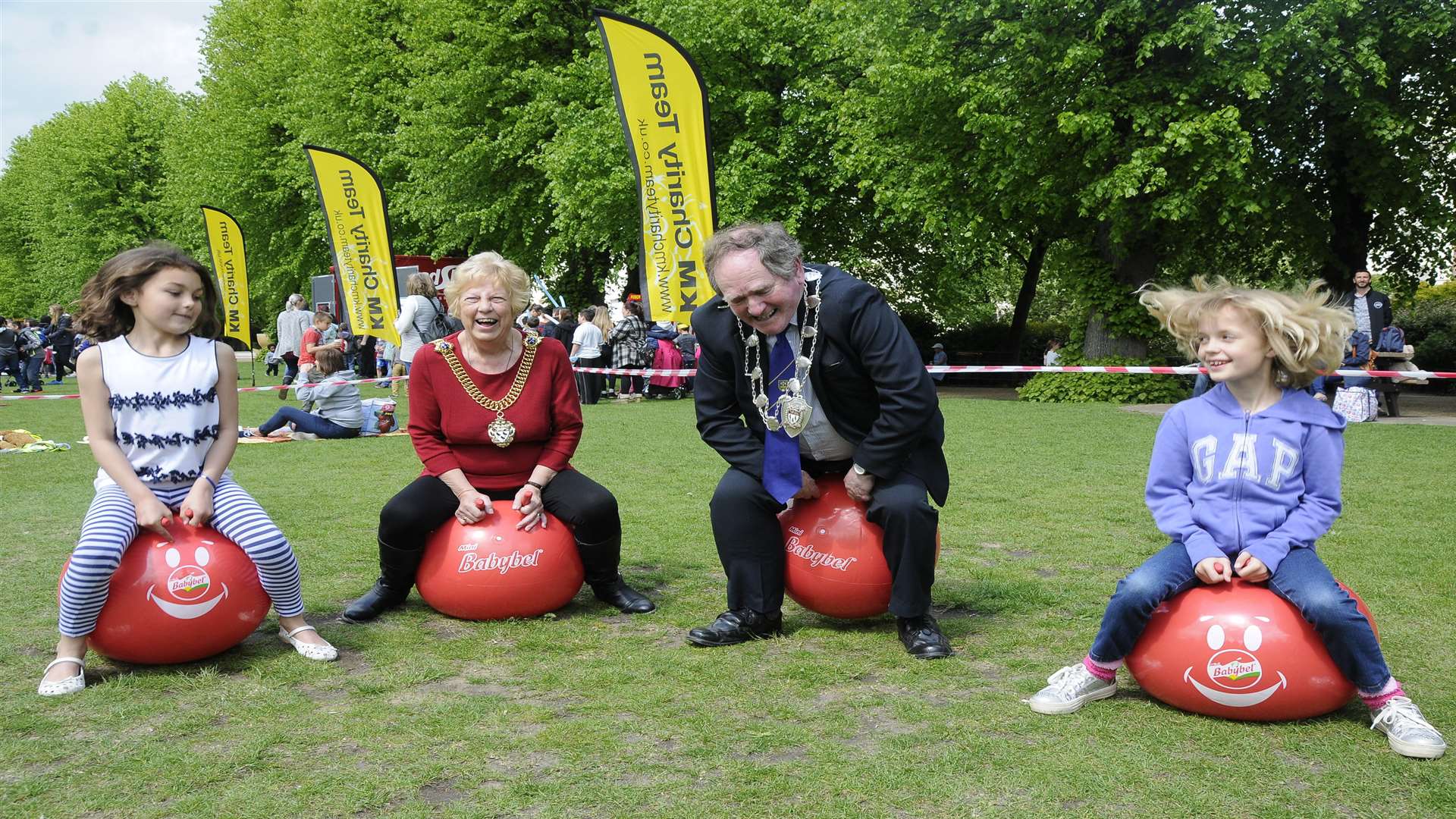 Chloe Rose, seven from Sandown Primary School, Deal, the Lord Mayor of Canterbury Ann Taylor, the Sheriff of Canterbury Tony Austin and Holly Horton, seven, from Slade Primary School, Tonbridge, take on the space hoppers at Buster's Big Bash 2015.