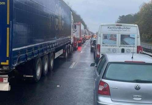 Motorists are being held in long lines of traffic along the London-bound stretch of the M2 this morning. Picture: Graham Miller