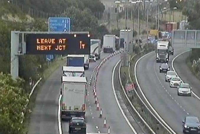 There were lengthy queues on the M20 slip road towards Folkestone. Picture: KCC Highways