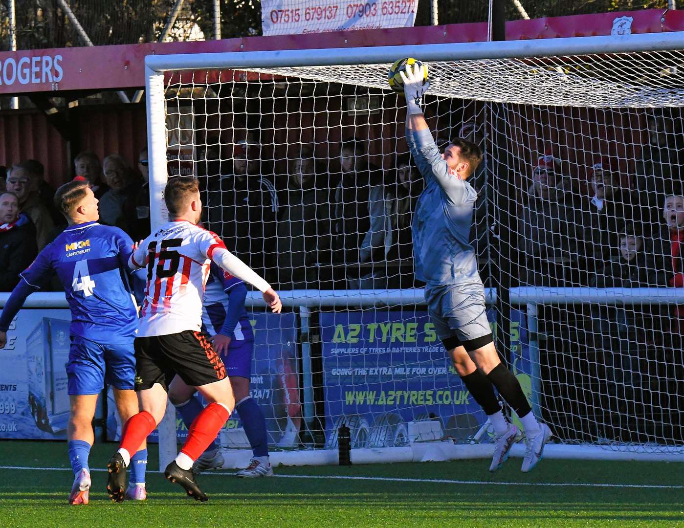 Herne Bay goalkeeper Harry Brooks claims a ball into his penalty box. Picture: Marc Richards