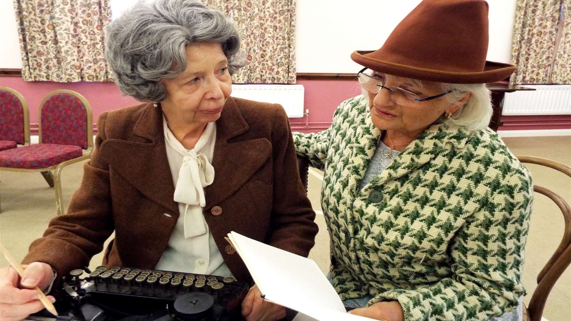 A scene from Murder, Margaret and Me, by Philip Meeks, with Barbara Smith. left, as Agatha Christie, and Valerie Armstrong as Margaret Rutherford.
