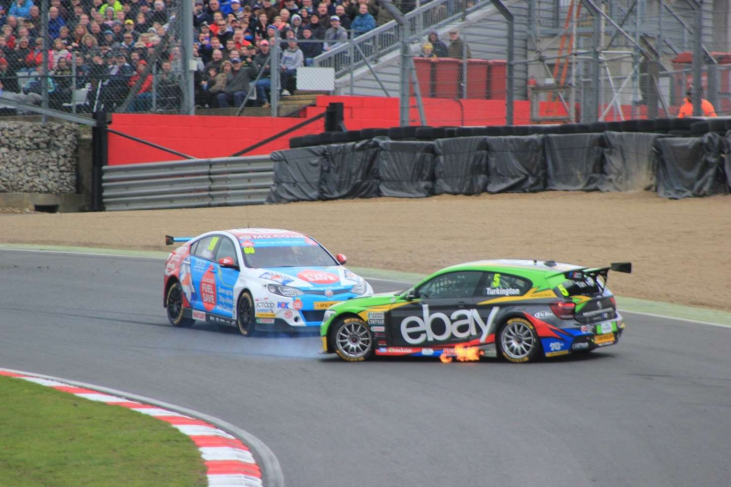 Race two drama: contact puts Turkington into race ending spin. Picture: Joe Wright