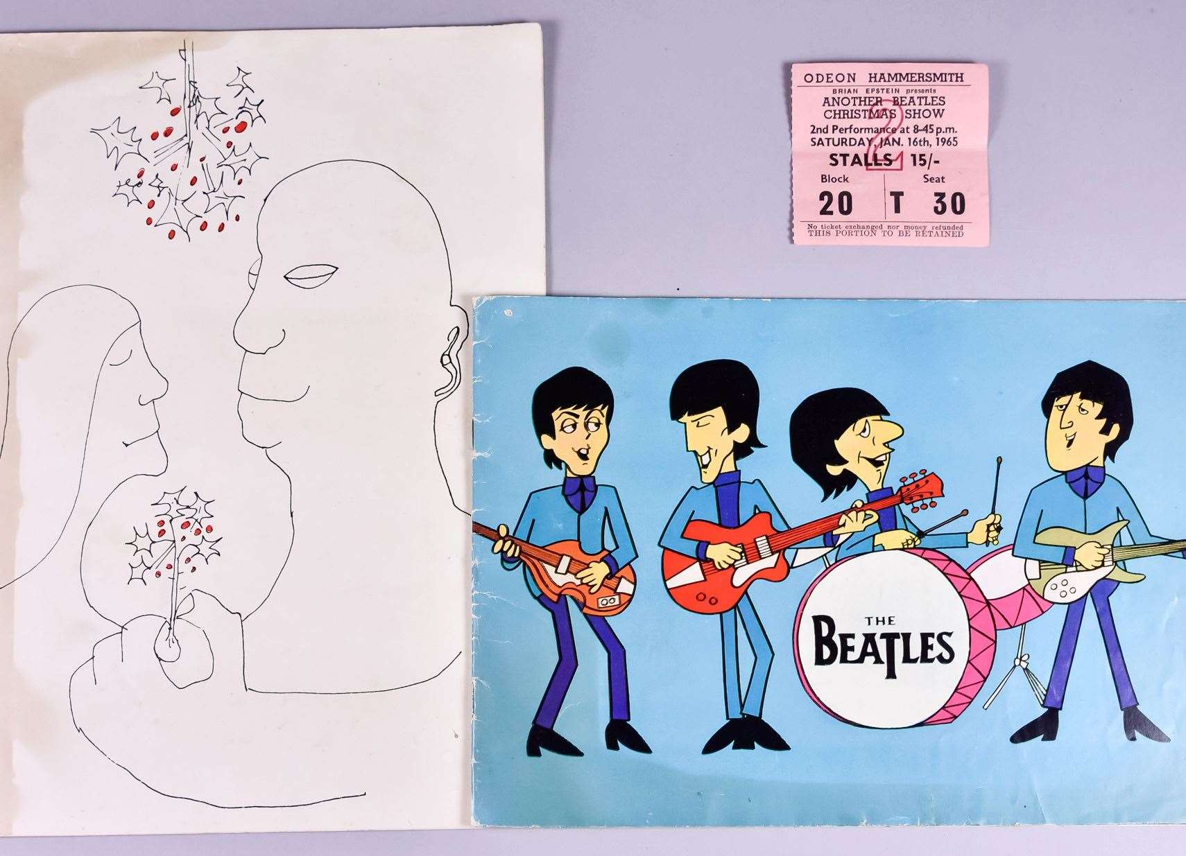 An Odeon Hammersmith ticket to 'Another Beatles Christmas Show', and concert programme with cover designed by John Lennon and 'The Beatles Show' concert programme from 1965 - the final UK tour, estimated at up to £220.