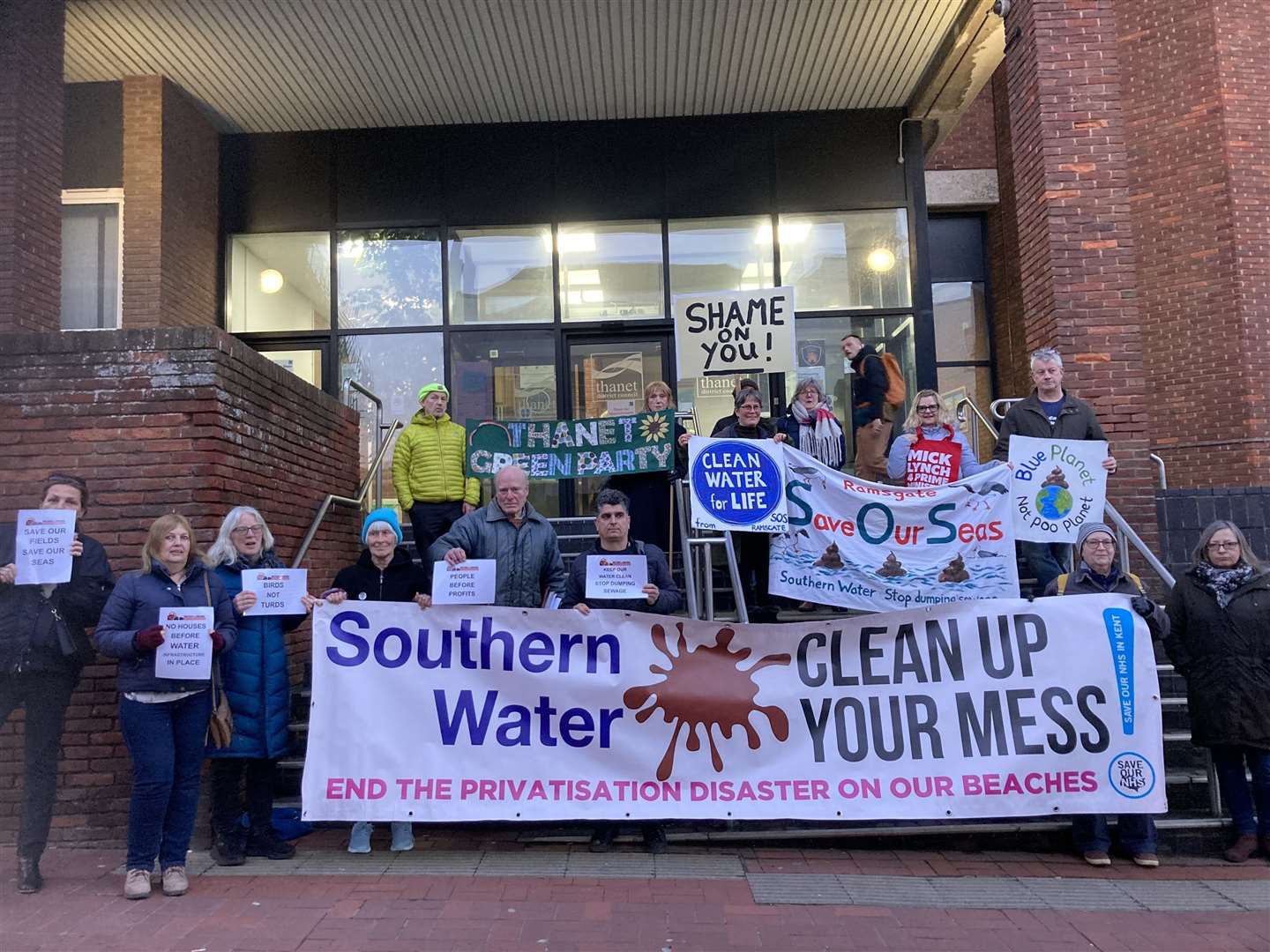 A protest against sewage releases outside Thanet District Council's offices