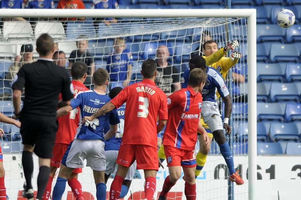 Stephen Bywater keeps Oldham at bay during Gillingham's goalless draw at Boundary Park Picture: Barry Goodwin