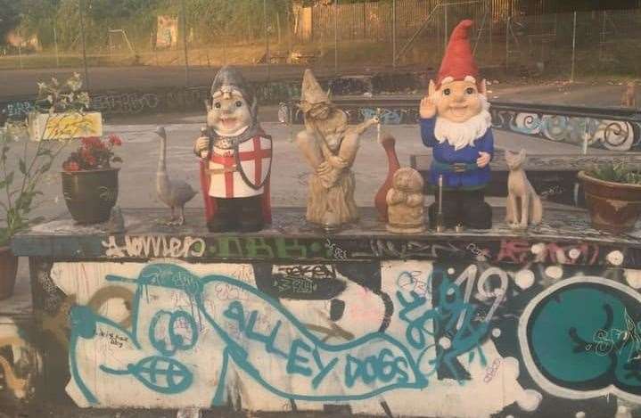 Gnomes and other ornaments have been placed in a skatepark (14105188)