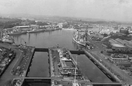 Chatham Dockyard in 1970, showing some of the basins where warships berthed. The submarine basin would have been at the top of this photograph, out of view