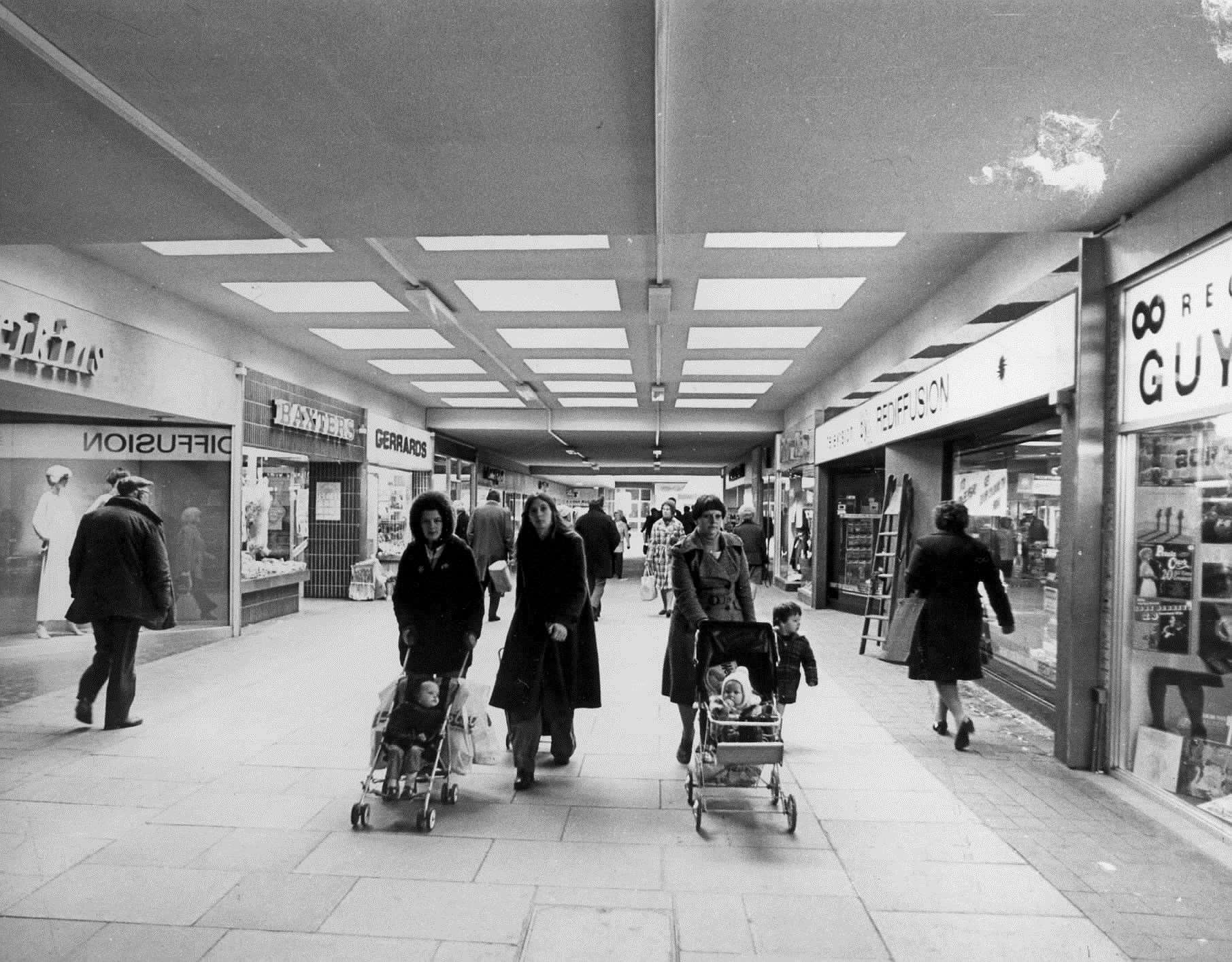 Inside Tufton Shopping Centre, Ashford, in February 1977