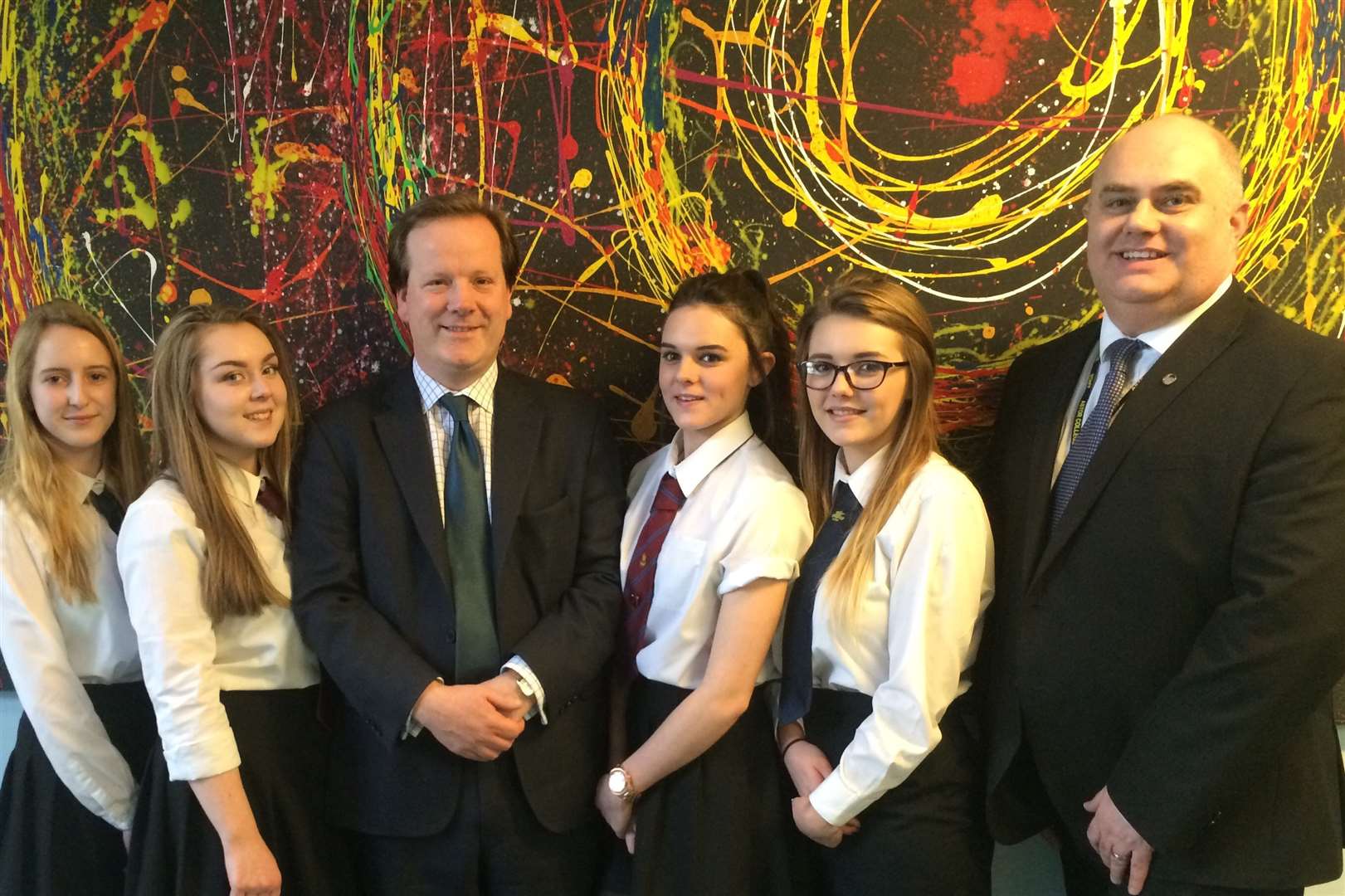 Astor sixth formers Emma Howsam, Lauren Brown, Yasmin Smith and Erica White with Dover MP Charlie Elphicke and head teacher Lee Kane